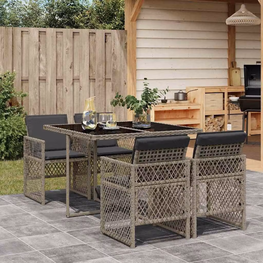 vidaXL Set da Pranzo da Giardino 5 pz in Polyrattan e Metallo con Piano in Vetro e Cuscini Grigio – 1