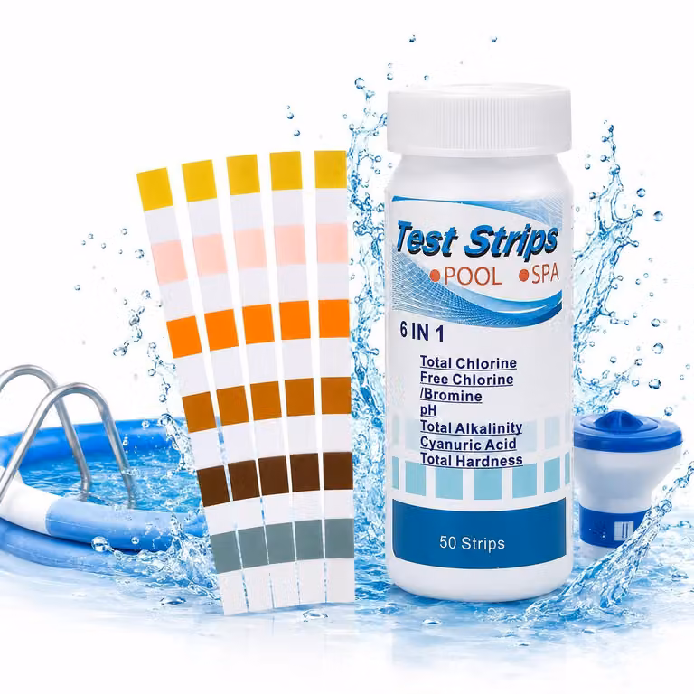Test acqua per piscina 6 in 1, strisce reattive per pH cloro bromo alcalinità durezza acido cianurico 50 pezzi
