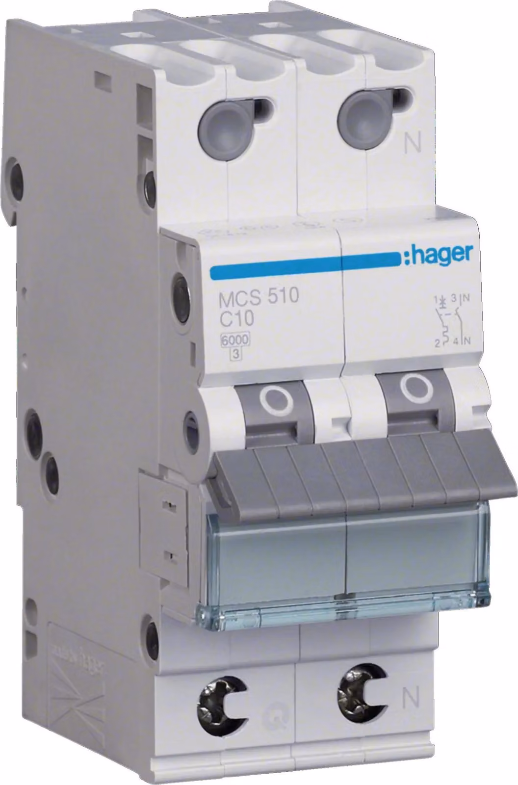 Interruttore Hager LS 1P+N 6kA C-10A Quick Connect 2 moduli Hager MCS510, 1 pz.