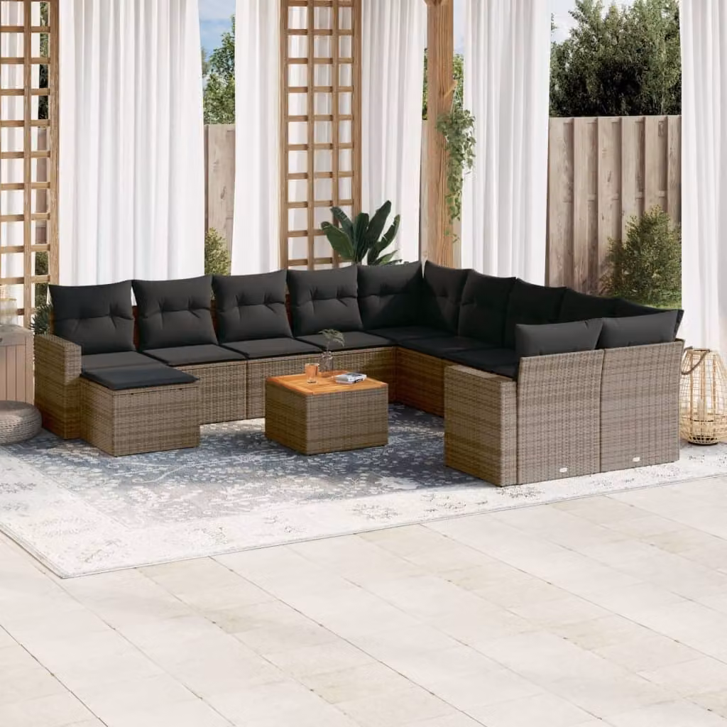 vidaXL Set di Divani da Giardino a L in Polyrattan Grigio con 12 Pezzi e Cuscini – 1