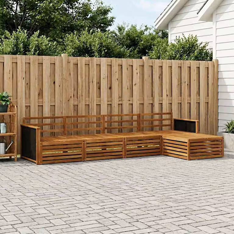 vidaXL Set di divani da esterno a L in legno di acacia massello marrone con pouf e cuscini inclusi