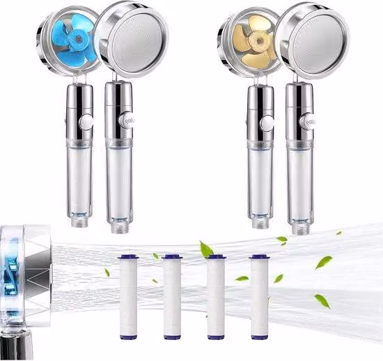 Soffione a elica a risparmio idrico con filtro - Doccetta rotante a 360° - Soffione economico con funzione di arresto - Anticalcare - Protegge pelle e capelli - Set di 2 - Oro e blu