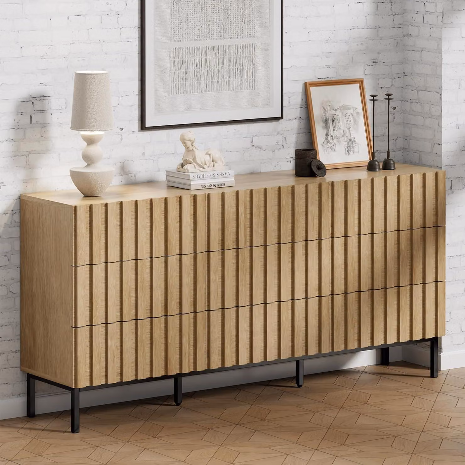 Comò con 9 cassetti, dimensioni 150x34x72 cm, aspetto legno naturale