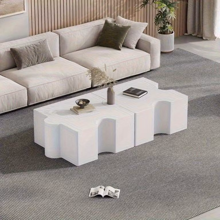 Tavolino – Set di 2 – Bianco, in MDF – Design modulare a forma di puzzle – Design compatto per il soggiorno