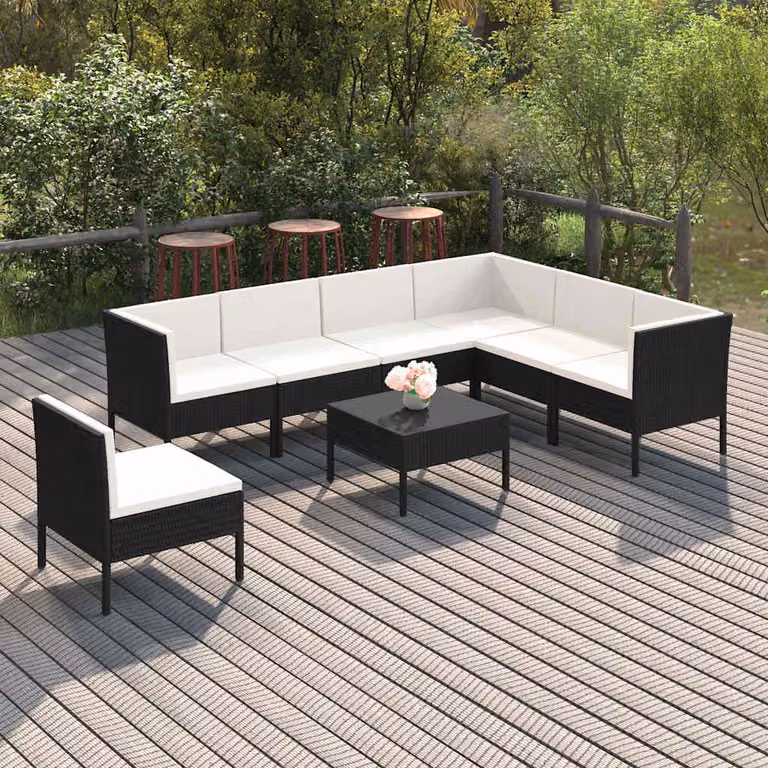 Set Divani da Giardino vidaXL 8 pz con Cuscini, Design Moderno a L con Elementi Angolari e Ottoman, Struttura in Acciaio Verniciato a Polvere e Polyrattan, Colore Nero e Bianco