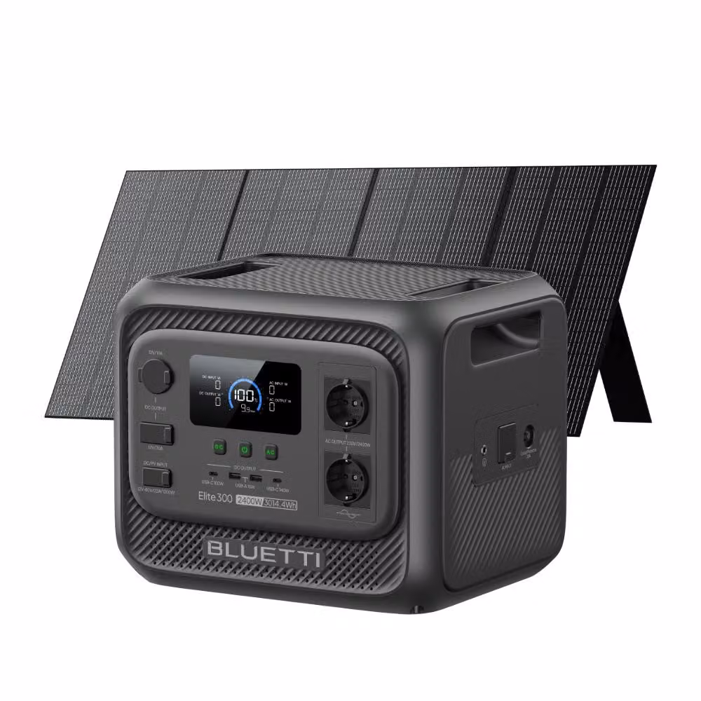 Generatore solare BLUETTI Elite 300 con pannello solare da 350 W, backup LiFePO4 da 3014,4 Wh con uscite CA da 2400 W, stazione di ricarica da 3 kWh per la casa e il camper
