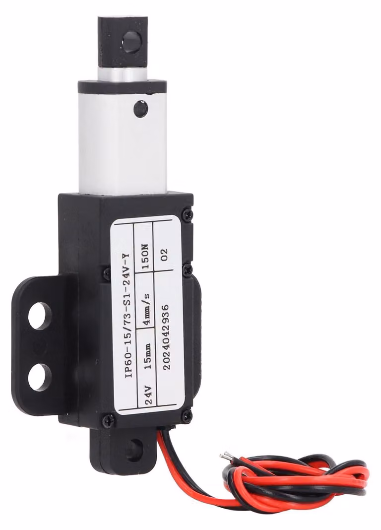 Miniattuore lineare elettrico, corsa di 15 mm, spinta di 150 N, alimentazione 24 V DC, con fine corsa