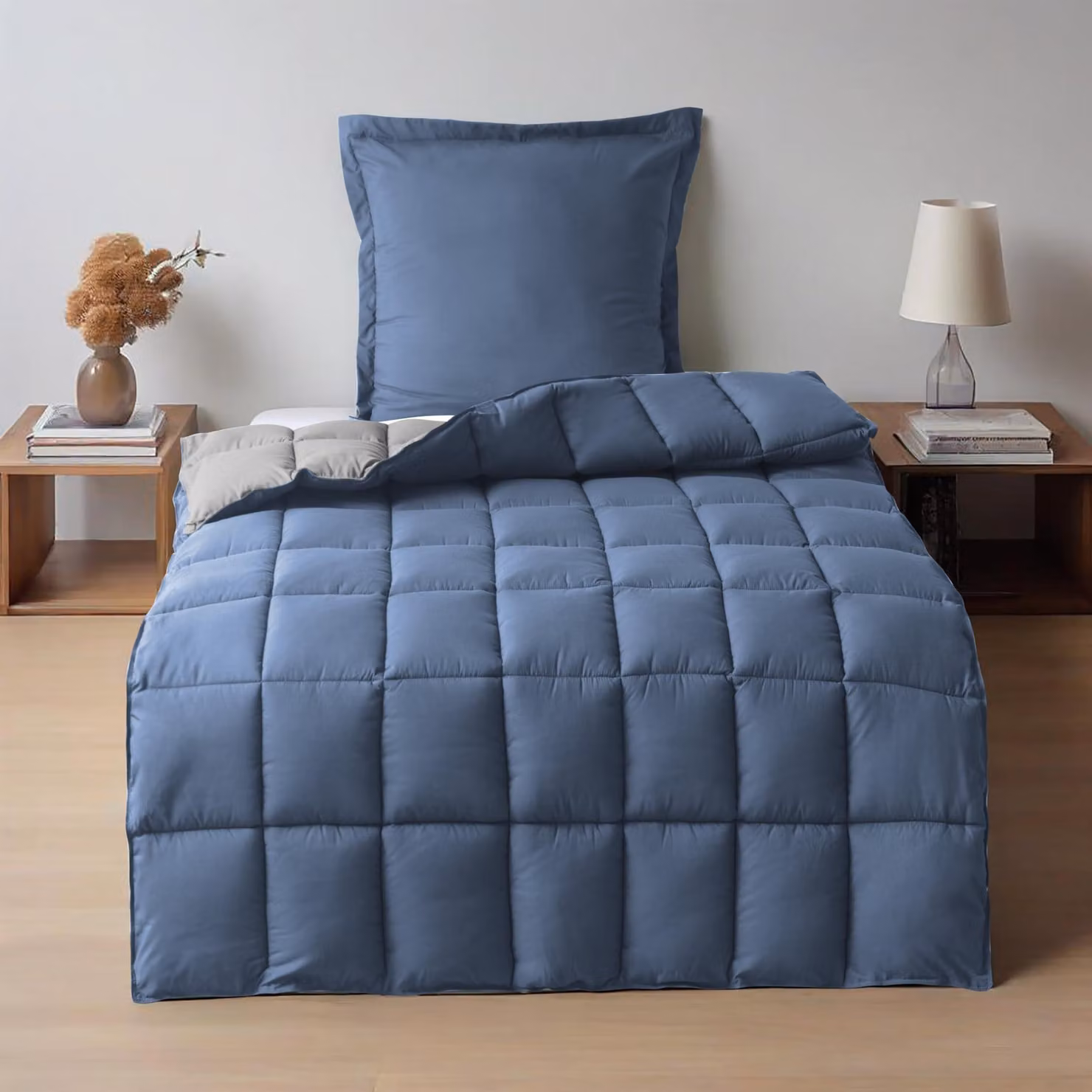 Copertura per letto singola, 140 x 200 cm, in microfibra (200 g/m²), colore blu e grigio, con federa 65 x 65 cm