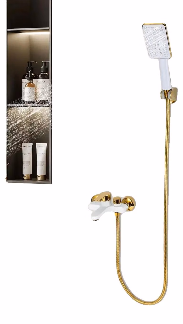 Miscelatore per vasca da bagno a parete, due attacchi idraulici, doccetta inclusa, finitura dorata, G1/2