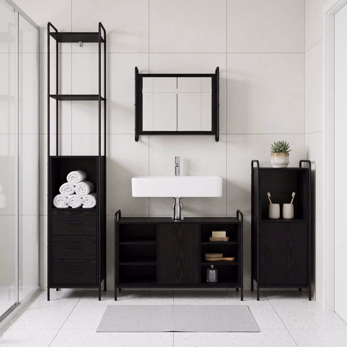 vidaXL Set di Armadi da Bagno 3 pz Rovere Nero 40 x 36 x 181 cm