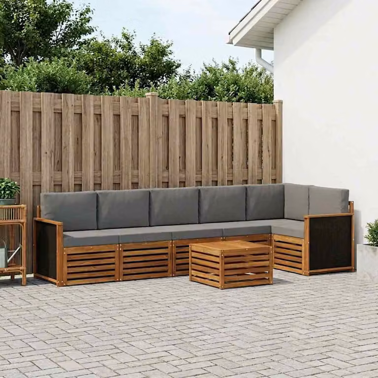 Set di divani da esterno vidaXL in legno di acacia con tavolo da caffè e cuscini, 6 pezzi, Naturale e Grigio Chiaro