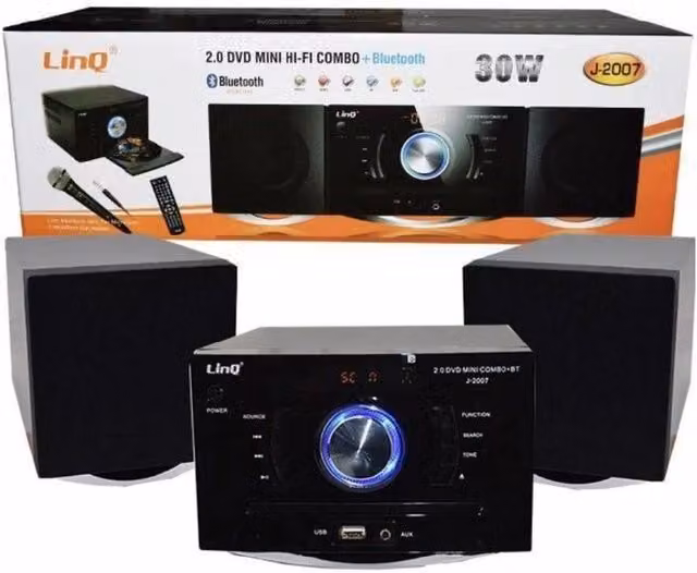 Sistema Mini Hi-fi Combo LINQ con Lettore DVD CD, Bluetooth, USB e Microfono, 30W, Casse J-2007, Nero