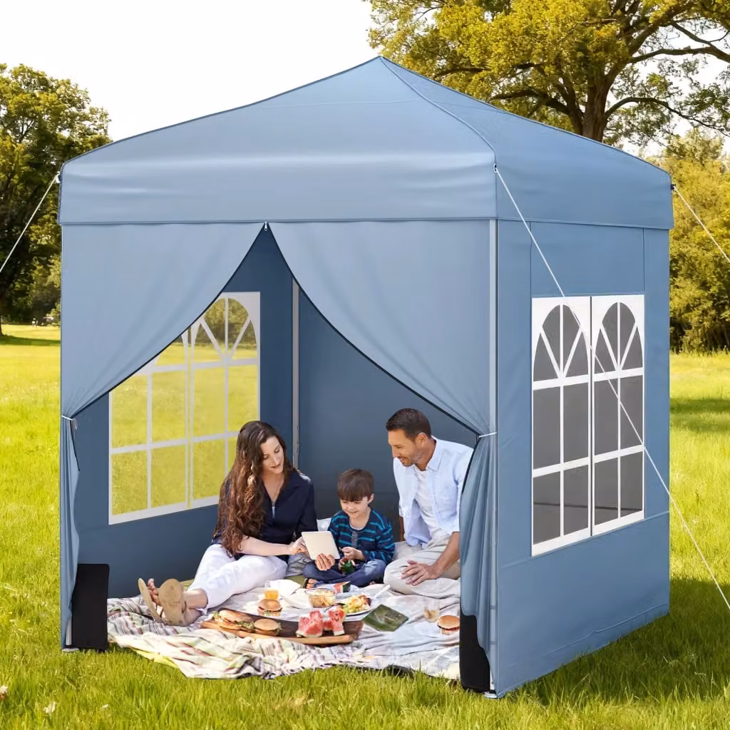 Gazebo pieghevole da giardino moderno con struttura in metallo e pareti removibili, Grigio e Blu, Altezza: 194 cm – 2