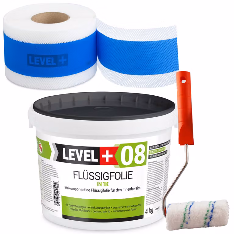 Kit di impermeabilizzazione Pellicola liquida 4 kg Nastro sigillante 5 mb + Rullo per verniciatura LEVEL+ SET294