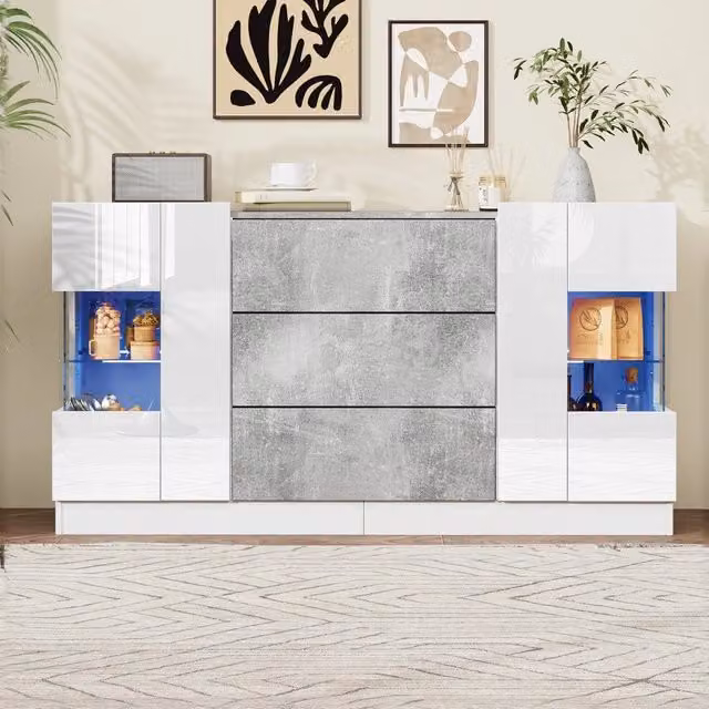 Consolle con 2 ante e 3 cassetti ¨C Minimal ¨C Bianco effetto marmo grigio con luci LED, 140x35x75 cm