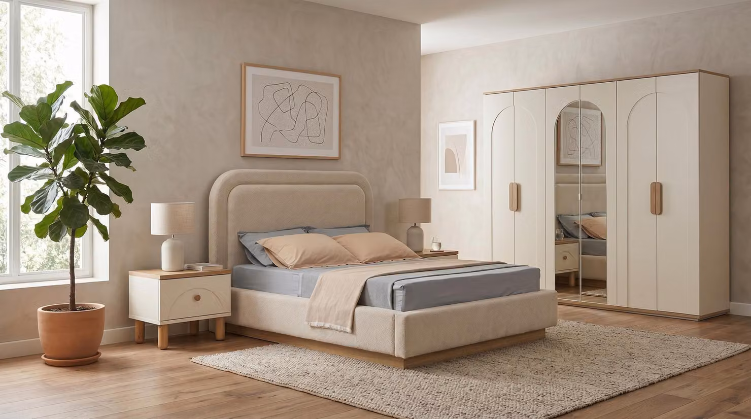 Set per camera da letto beige, stile moderno scandinavo, comprendente: letto, comodini e armadio
