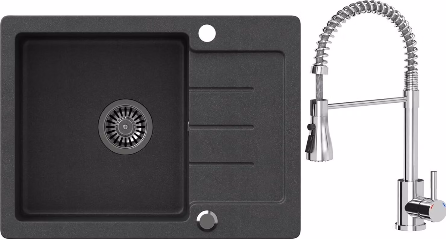VBChome Lavello Granito Nero con Rubinetto 60 x 44 cm Lavello da incasso a vasca singola Speckled Reversible Siphon Washbasin