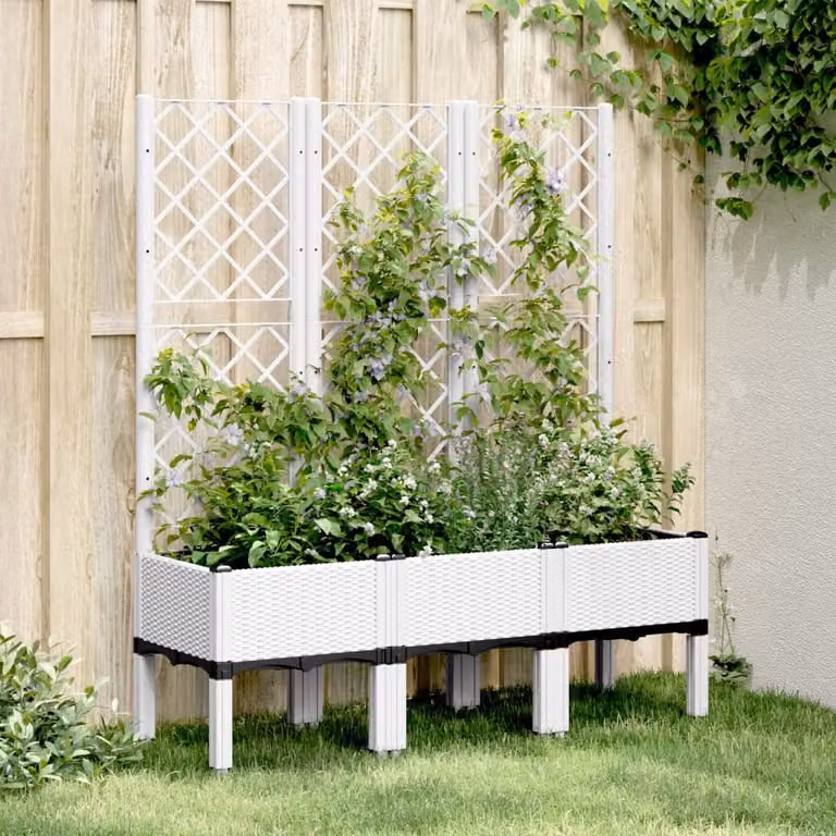 Fioriera da giardino con graticcio vidaXL bianca in plastica L: 120 cm, P: 40 cm, H: 142 cm