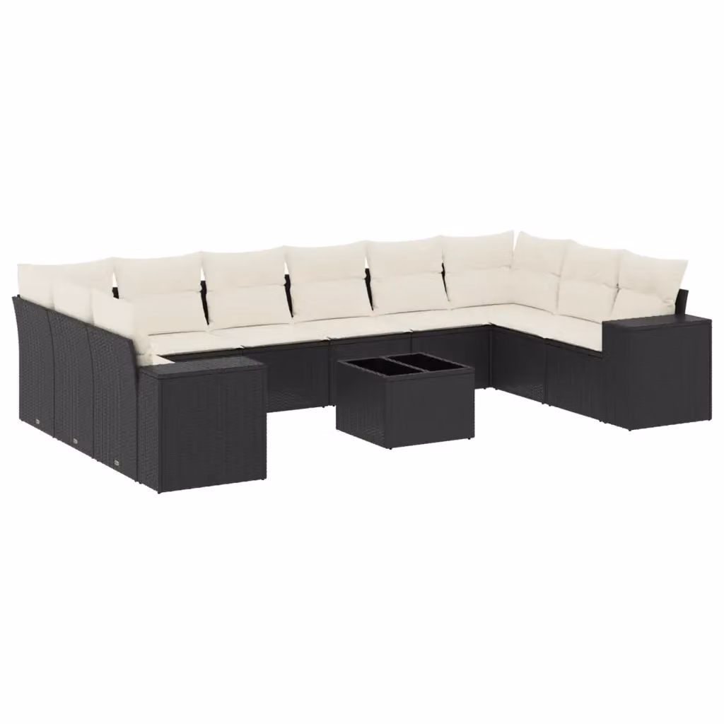 vidaXL Set Divani da Giardino a L 11 pz in Polyrattan Nero con Cuscini e Tavolino da Esterno – 2
