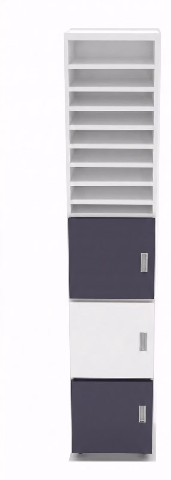 Moderno armadio a scaffali con eleganti ante bianche e grigio scuro