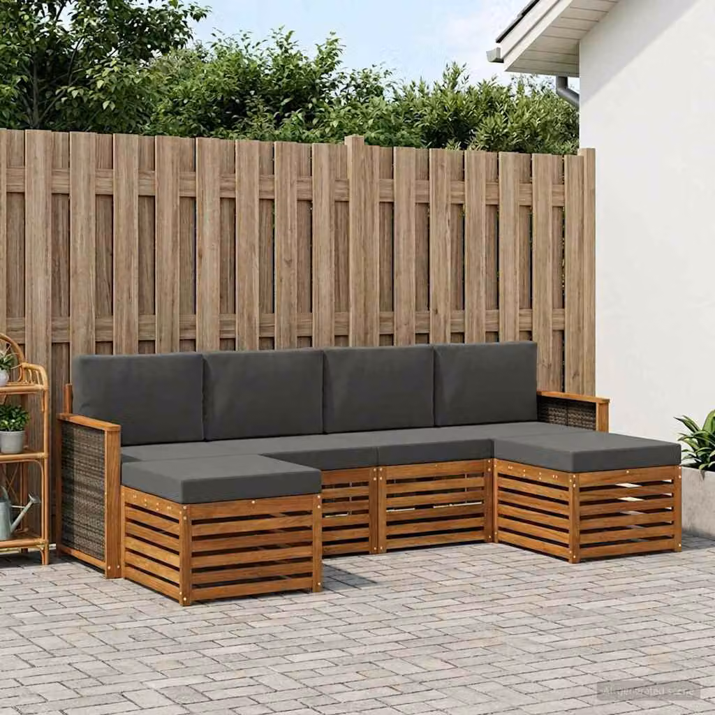 Set di divani da esterno vidaXL a forma di L in legno di acacia con cuscini, marrone e grigio