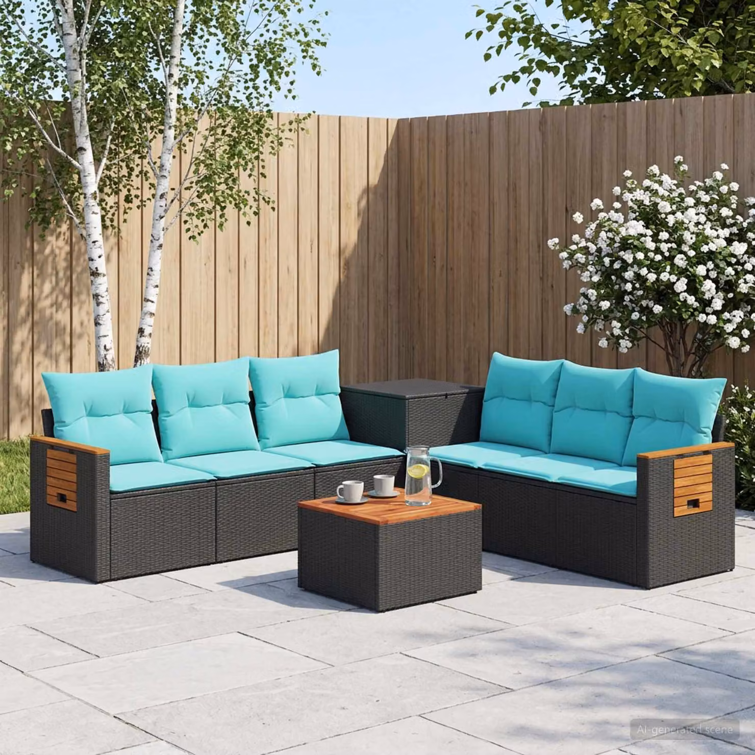 Set di divani da giardino vidaXL 8 pz a forma di L con tavolino, nero e blu, in rattan sintetico e acciaio verniciato a polvere con cuscini inclusi