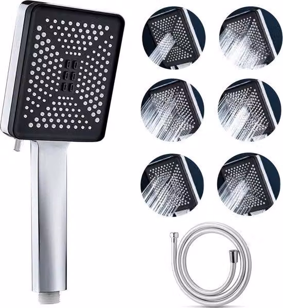Soffione doccia a risparmio idrico con 6 getti e tubo flessibile da 15 m, cromato, color argento, a risparmio idrico, ad alta pressione, con filtri anticalcare