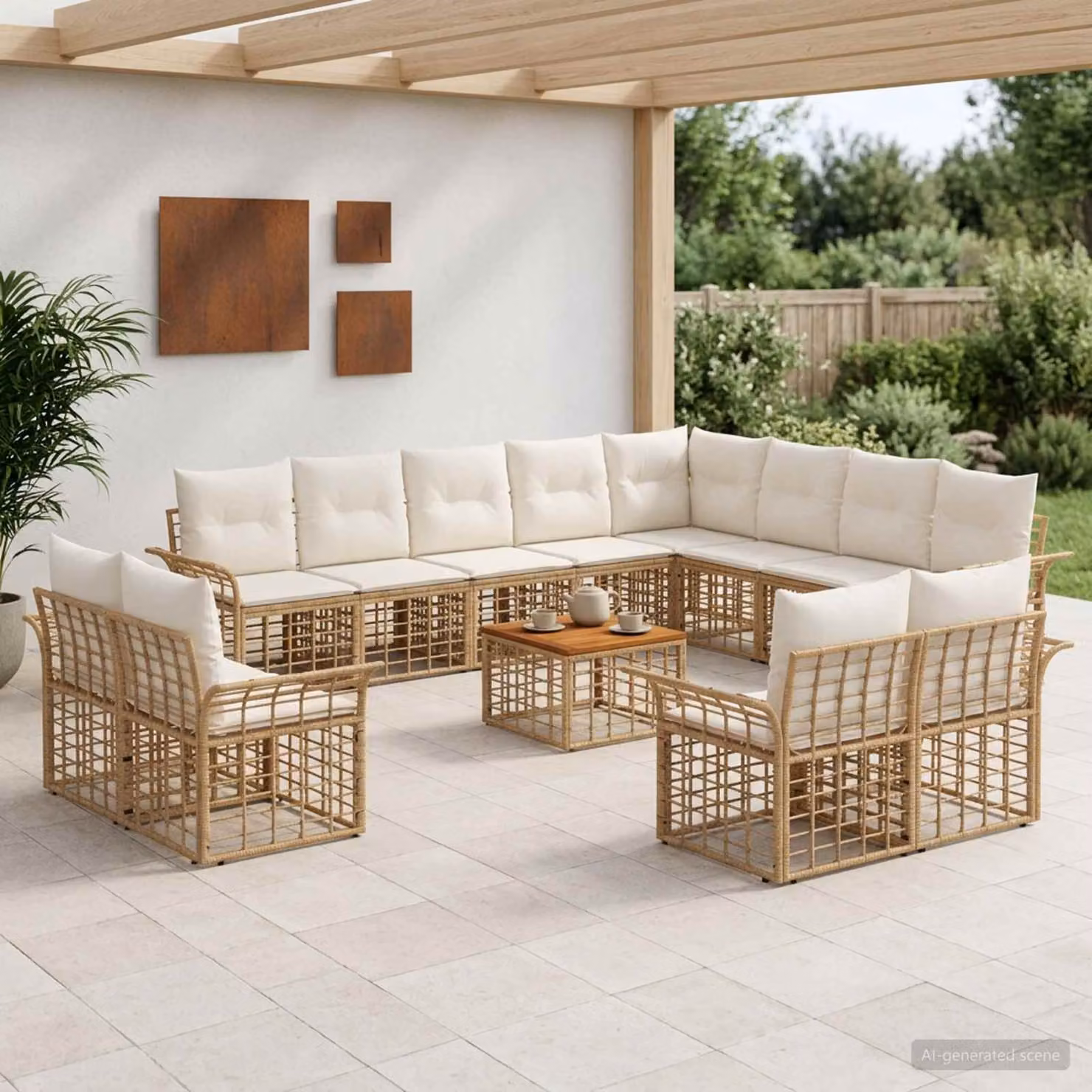 Set di divani da esterno vidaXL 13 pezzi per 12 persone, composizione a forma di U con tavolo da caffè, struttura in acciaio e legno di acacia, colori beige, bianco e marrone
