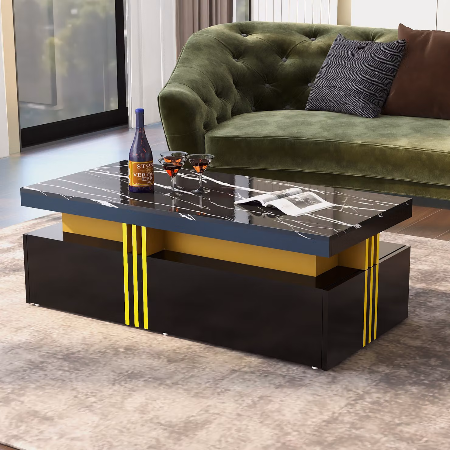 Tavolino Merax con cassetti e piano in marmo, tavolino in legno con decori dorati, tavolino da salotto industrial
