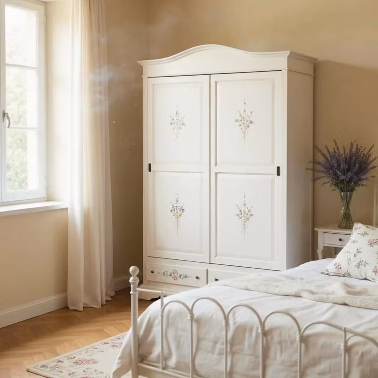 Armadio con 2 ante scorrevoli in stile shabby chic bianco anticato con decori Mobili 2G L/P/H: 180 x 67 x 225 cm