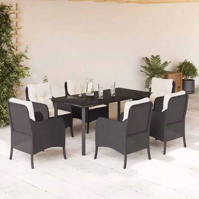 Set da Pranzo da Giardino 7 pz Nero con Cuscini in Polyrattan 3211917