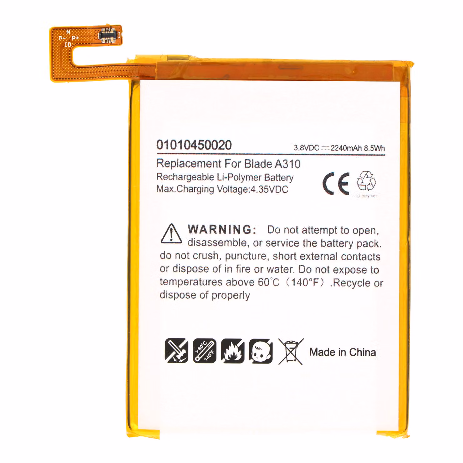Batteria adatta per ZTE Blade A310, Li-Polymer, 3,8V, 2240mAh, 8,5Wh, integrata, senza attrezzi