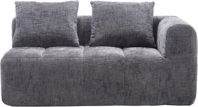 Divano 2 posti imbottito grigio con chaise longue, cuscino e tasche laterali per telecomando e cellulare