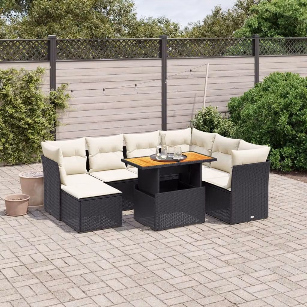 vidaXL Set Divani da Giardino in Polyrattan con Cuscini e Tavolino da Esterno Nero – 1