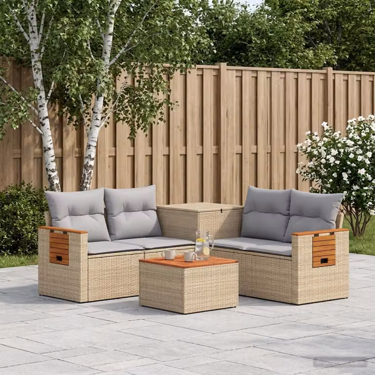 Set di divani da giardino vidaXL in polyrattan con forma a L, colore beige e grigio, composto da 6 pezzi con cuscini inclusi e tavolino da caffè esterno