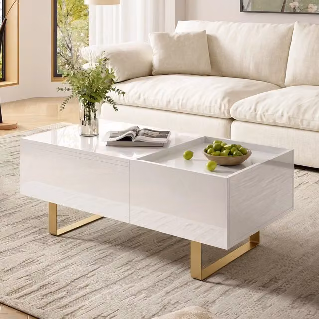 Tavolino basso alzabile idraulico MIVRAY in MDF bianco lucido con vano nascosto e cassetto estraibile L: 100 cm, P: 50 cm, H: 54.5 cm