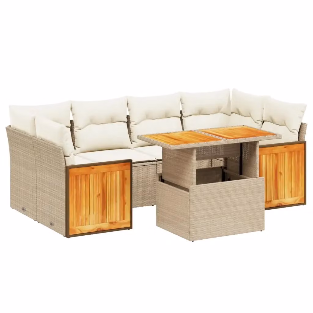 vidaXL Set Divani da Giardino 7 pz a Forma a L in Polyrattan con Cuscini Beige e Tavolino da Caffè – 2