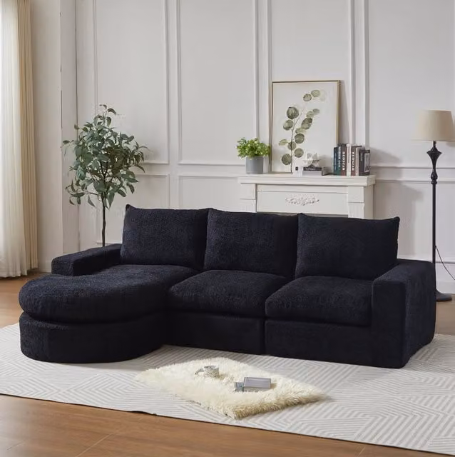 Divano modulare con chaise longue reversibile in ciniglia nero HOMVRA