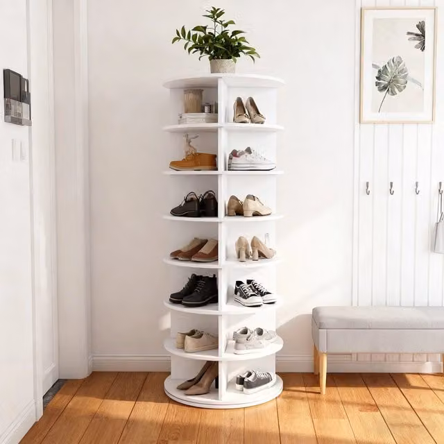 Scarpiera girevole salvaspazio Minimal bianca con 7 piani per 28 paia di scarpe L: 60 cm, P: 60 cm, H: 161 cm