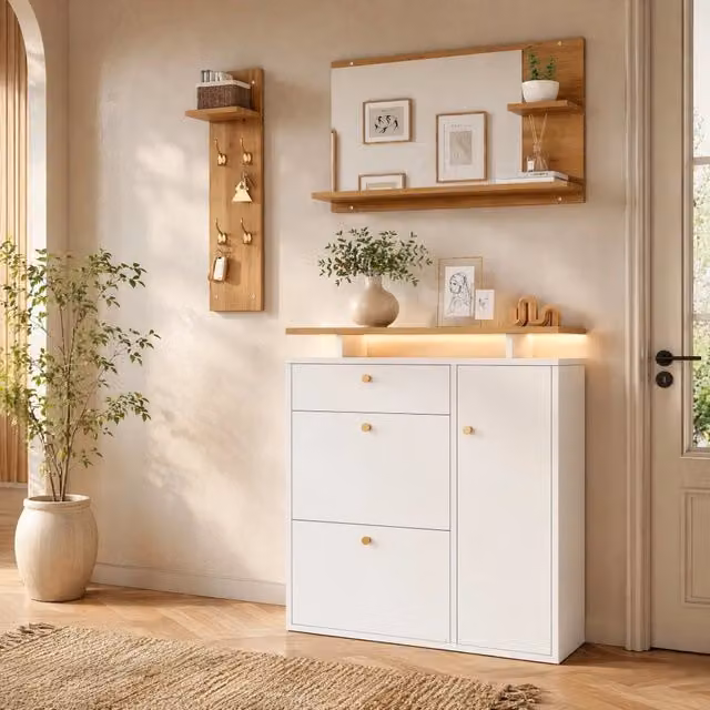 Set Appendiabiti da Ingresso in Legno Naturale e Bianco con Specchio, Scarpiera 3 Ripiani, Porta Cappelli e LED, 105x25x151,5 cm