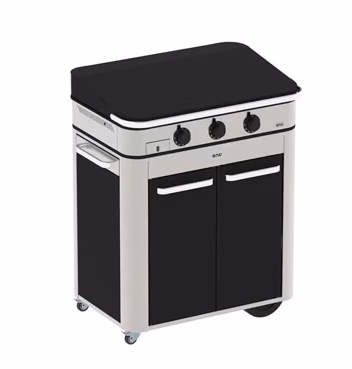 Combo Plancha a gas Enosign 80 nero e acciaio inox con coperchio e carrello Enò