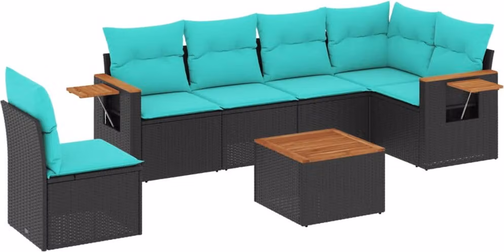 Set Divani da Giardino 7 pz con Cuscini Nero in Polyrattan