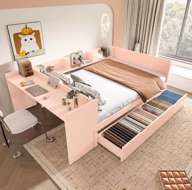 Letto matrimoniale 140x200 cm con scrivania; 2 cassetti e scaffali in pino e truciolare; rosa
