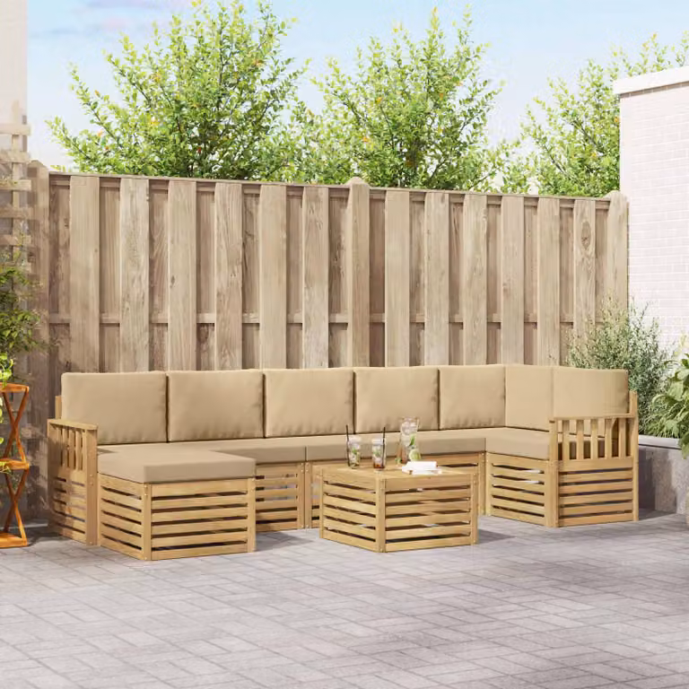 Set di divani da esterno vidaXL 7 pz a forma di L in legno di acacia con cuscini Bianco e Beige