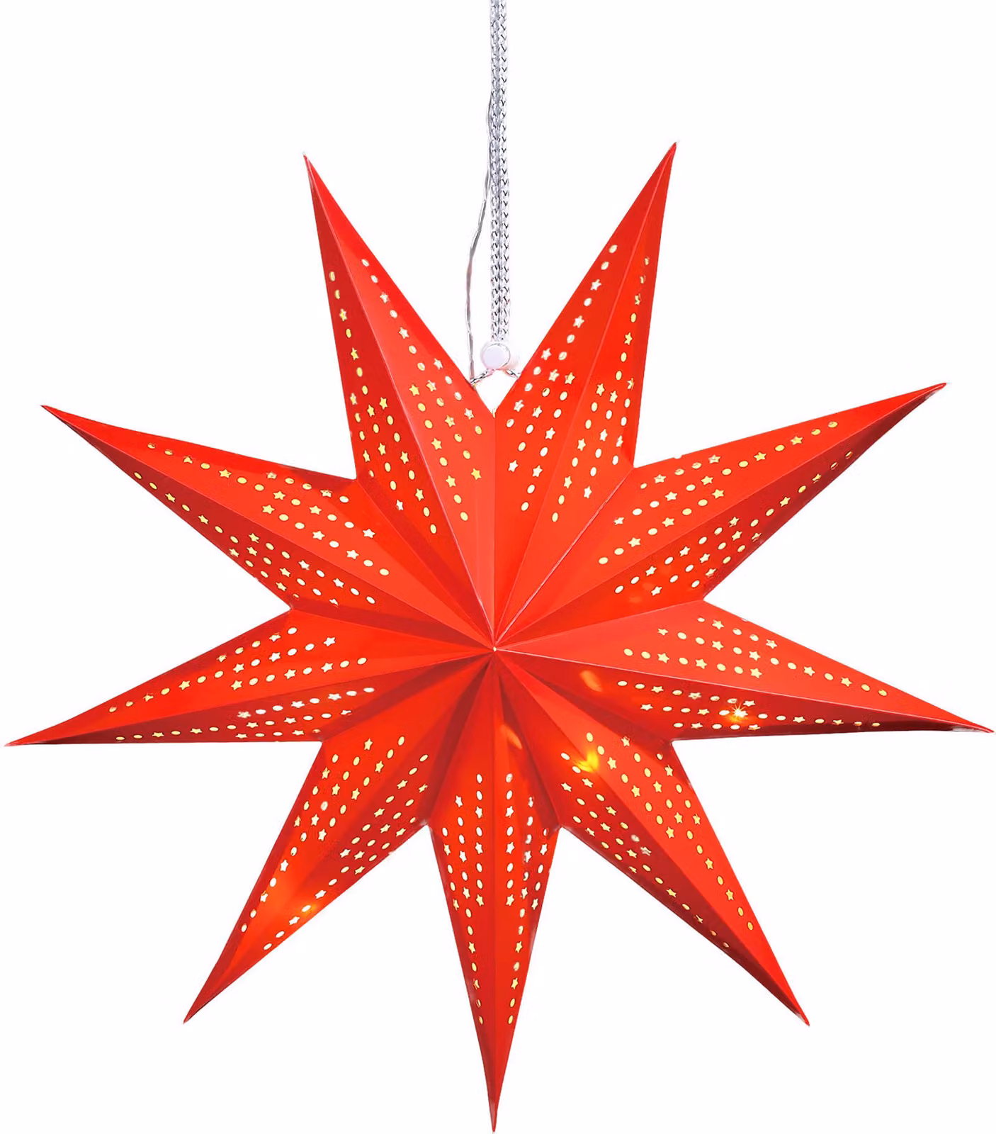 Stella di Natale in carta da appendere | Ø circa 45 cm | inclusa catena luminosa a LED da 10 luci | alimentata a batterie | stella pieghevole in carta | stella luminosa ideale come decorazione per finestre (rossa)