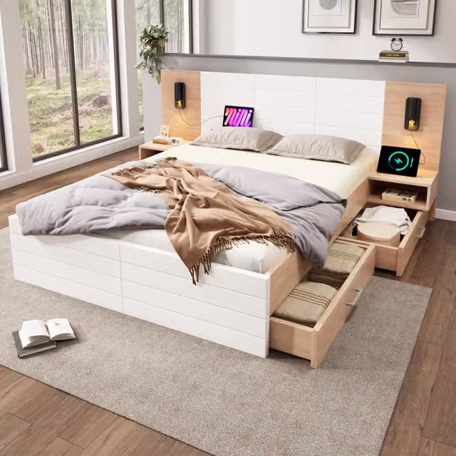 Letto matrimoniale 180 × 200 cm con 2 cassetti, lampada da lettura e USB, senza materasso, bianco e rovere chiaro