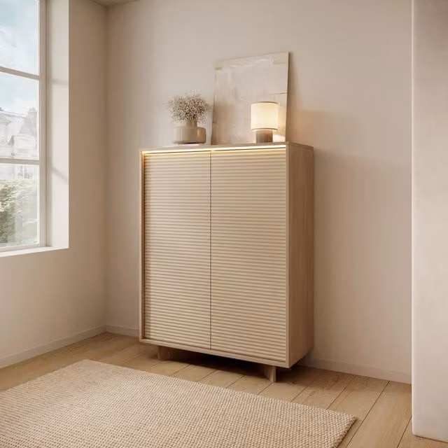 Madia Hasota DMORA con 4 ripiani e illuminazione integrata, colore marrone rovere, L: 104 cm, P: 40 cm, H: 138 cm