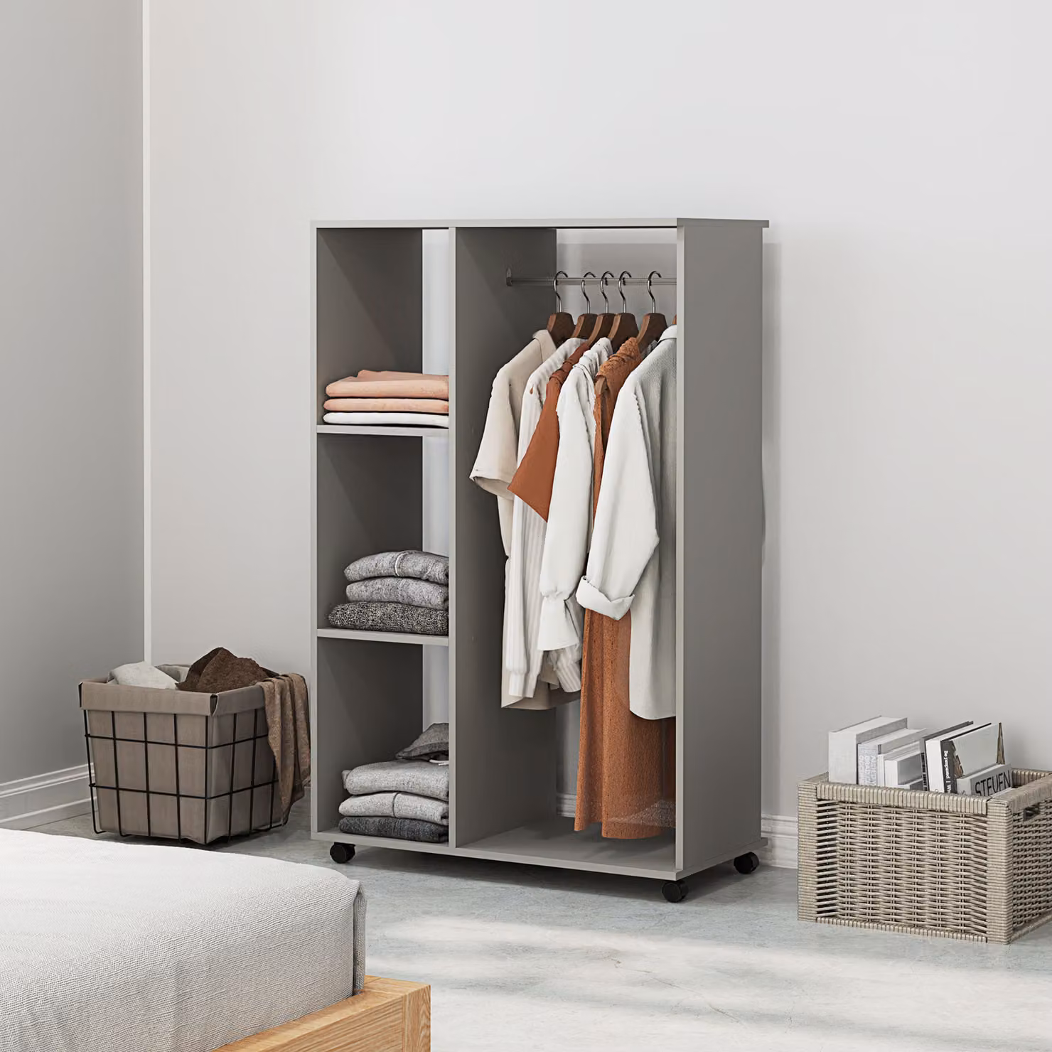 Armadio appendiabiti HOMCOM con ruote, barra appendiabiti e ripiani, grigio – 2