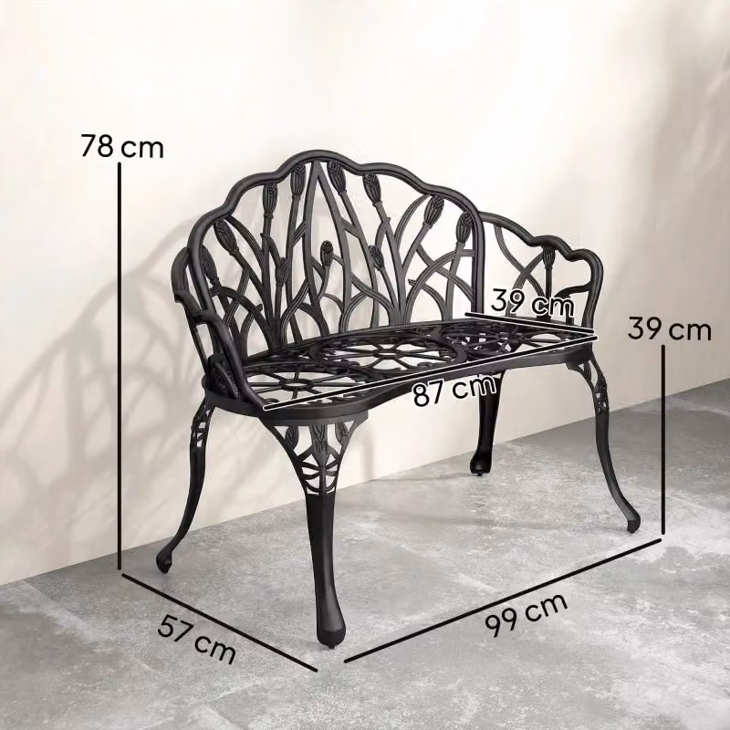 Panca da giardino a 2 posti Mivray in alluminio nero con schienale a tulipano e braccioli L/P/H: 99 x 78 x 57 cm – 2