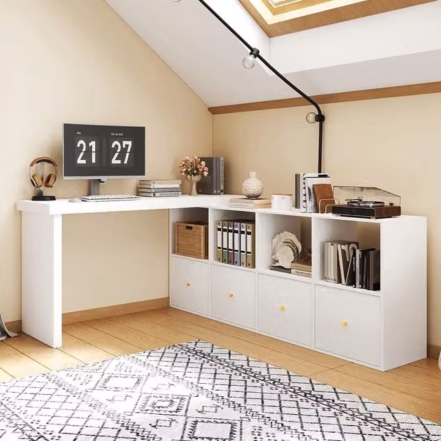 Scrivania Angolare Xylo con Piano Rotante 360 e Cassetti in MDF Bianco